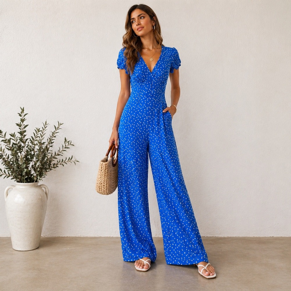 Free People Cobalt Blue Polka Dot Wide-Leg Jumpsuit